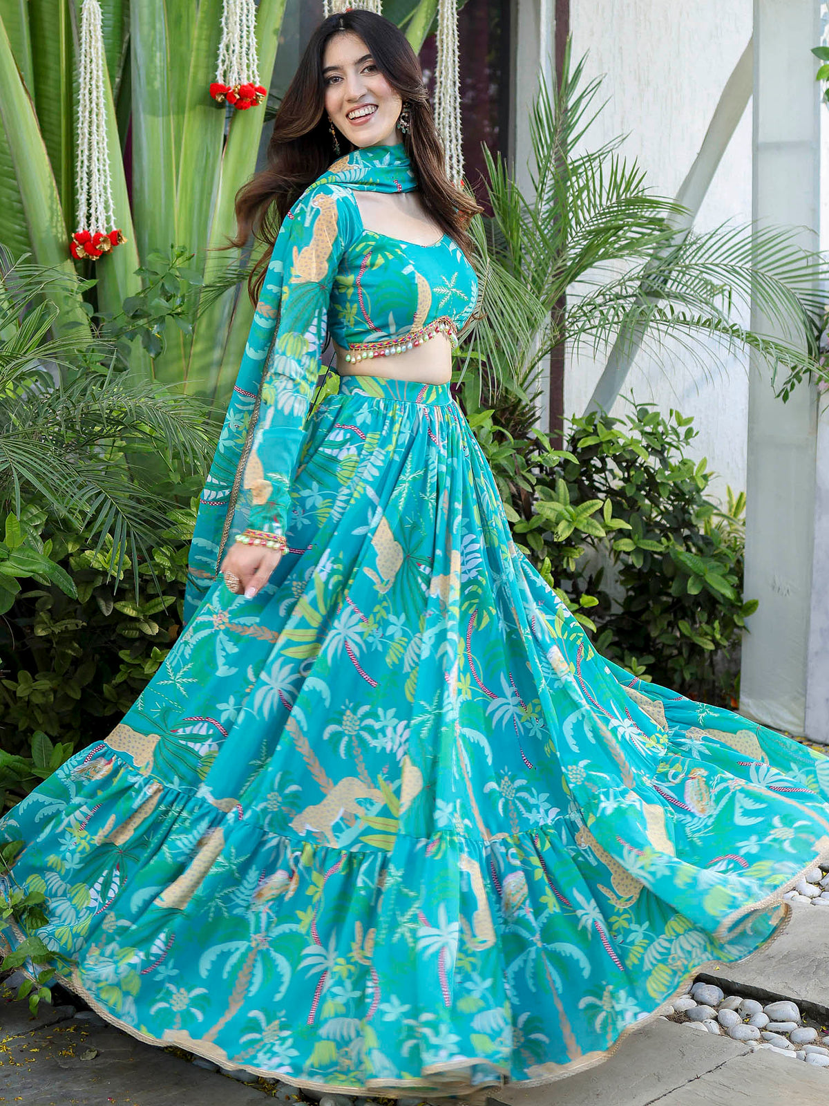 Green Printed Georgette Lehenga Set