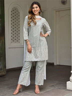 Grey Embroidered Kurta Set