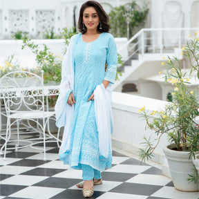 Blue Chikankari Flared Anarkali and Pant Set