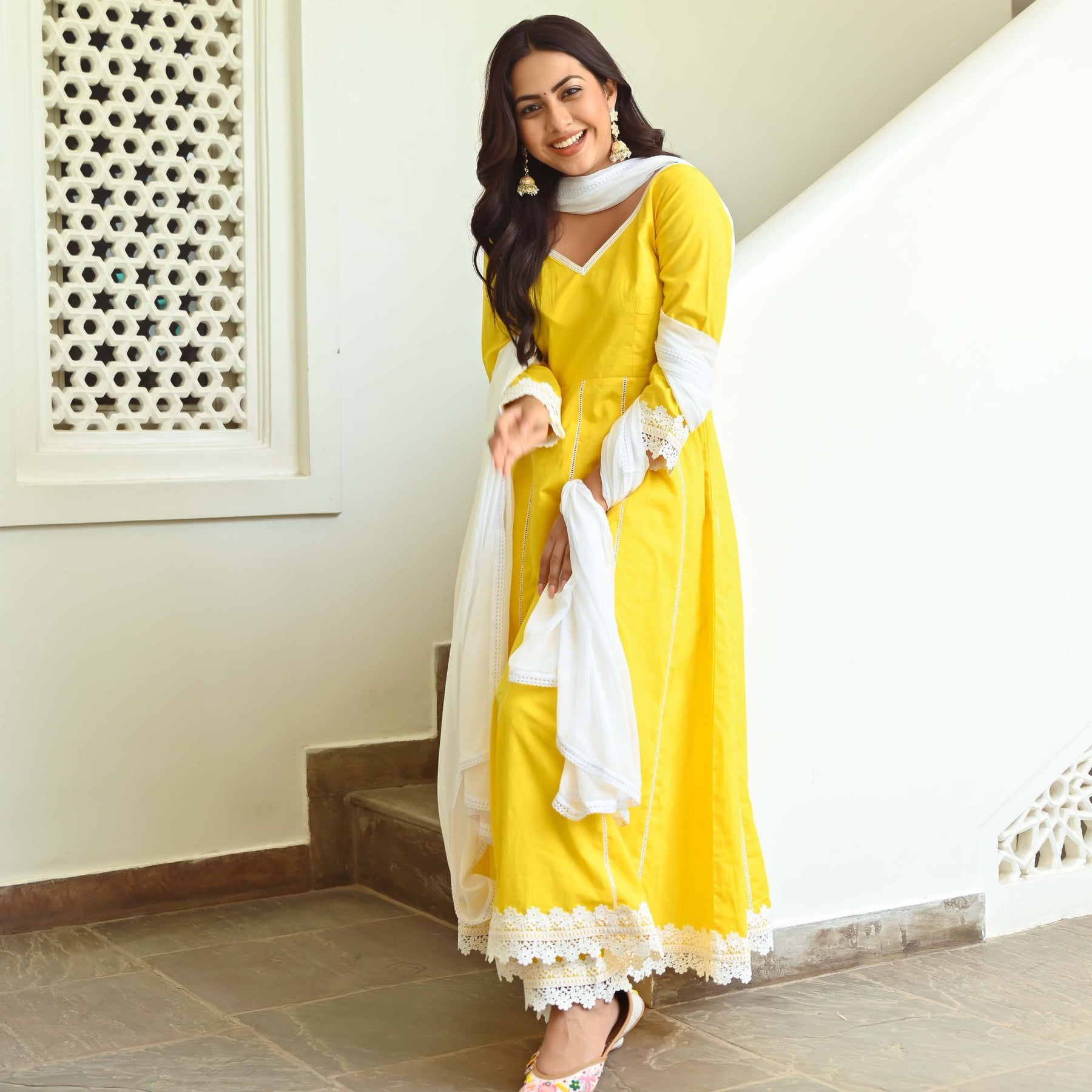 Yellow Cotton Anarkali Set