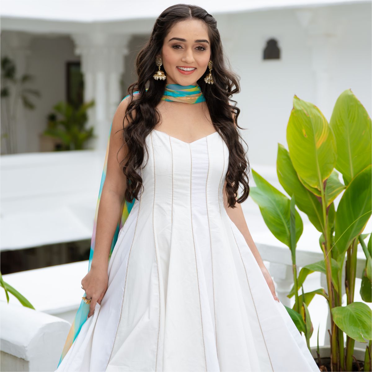 White Cotton Anarkali Set