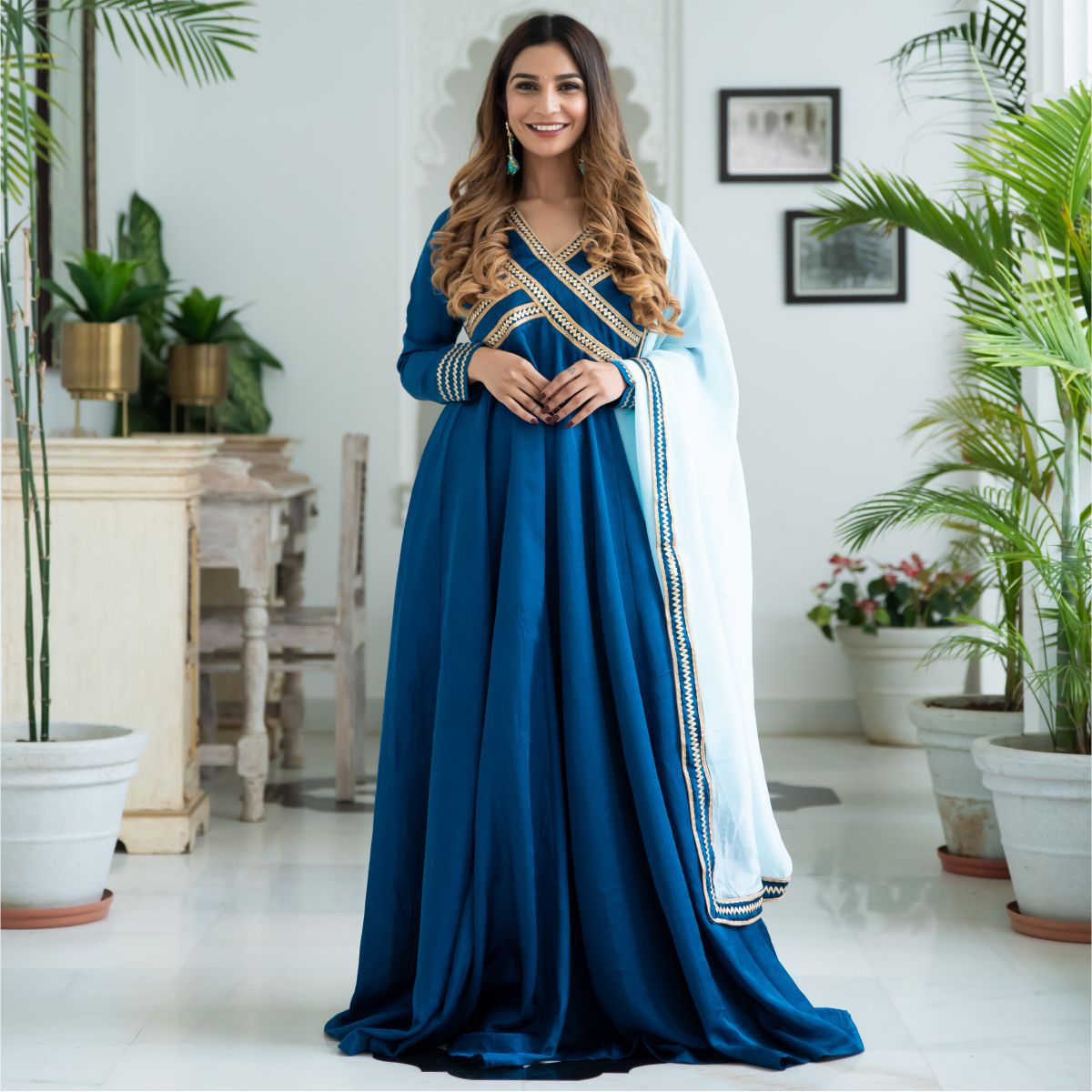 Blue Silk Long Dress With Dupatta