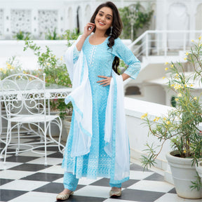 Blue Chikankari Flared Anarkali and Pant Set