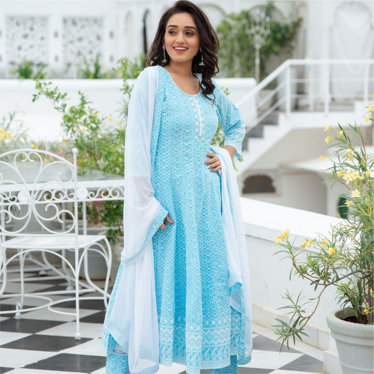 Blue Chikankari Flared Anarkali and Pant Set