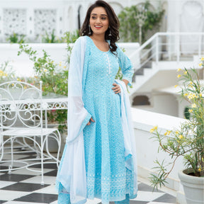 Blue Chikankari Flared Anarkali and Pant Set