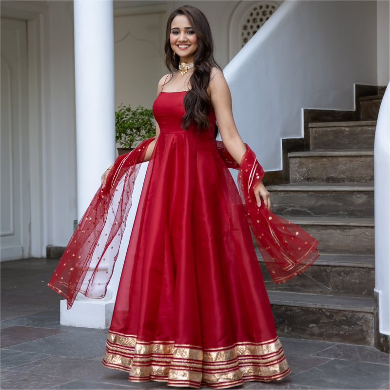 Red Organza Anarkali Dupatta Set