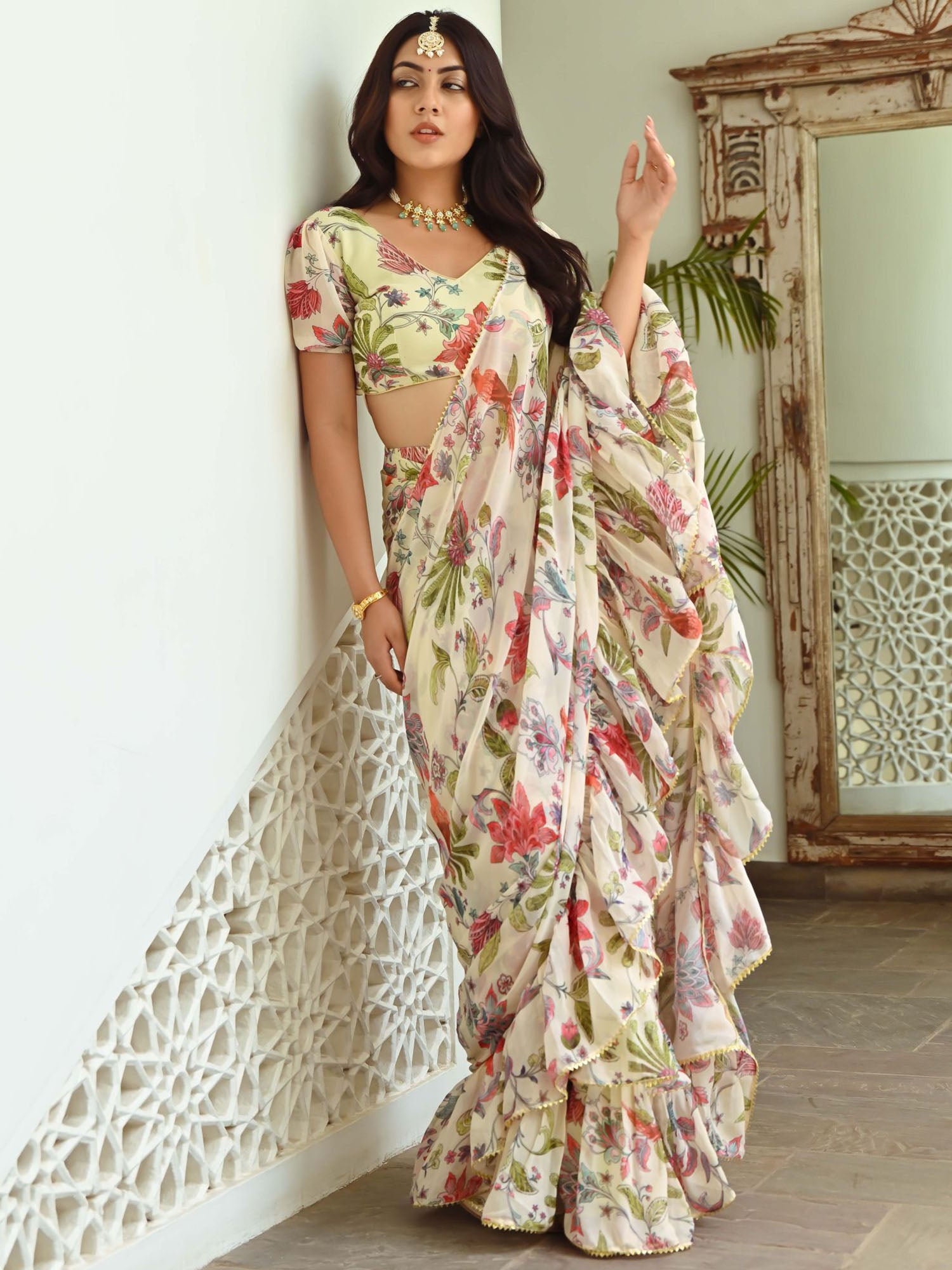 Light green Printed Ruffle Saree