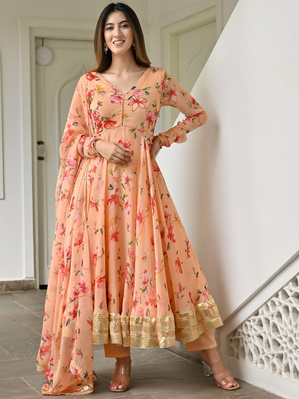 Peach Printed Anarkali