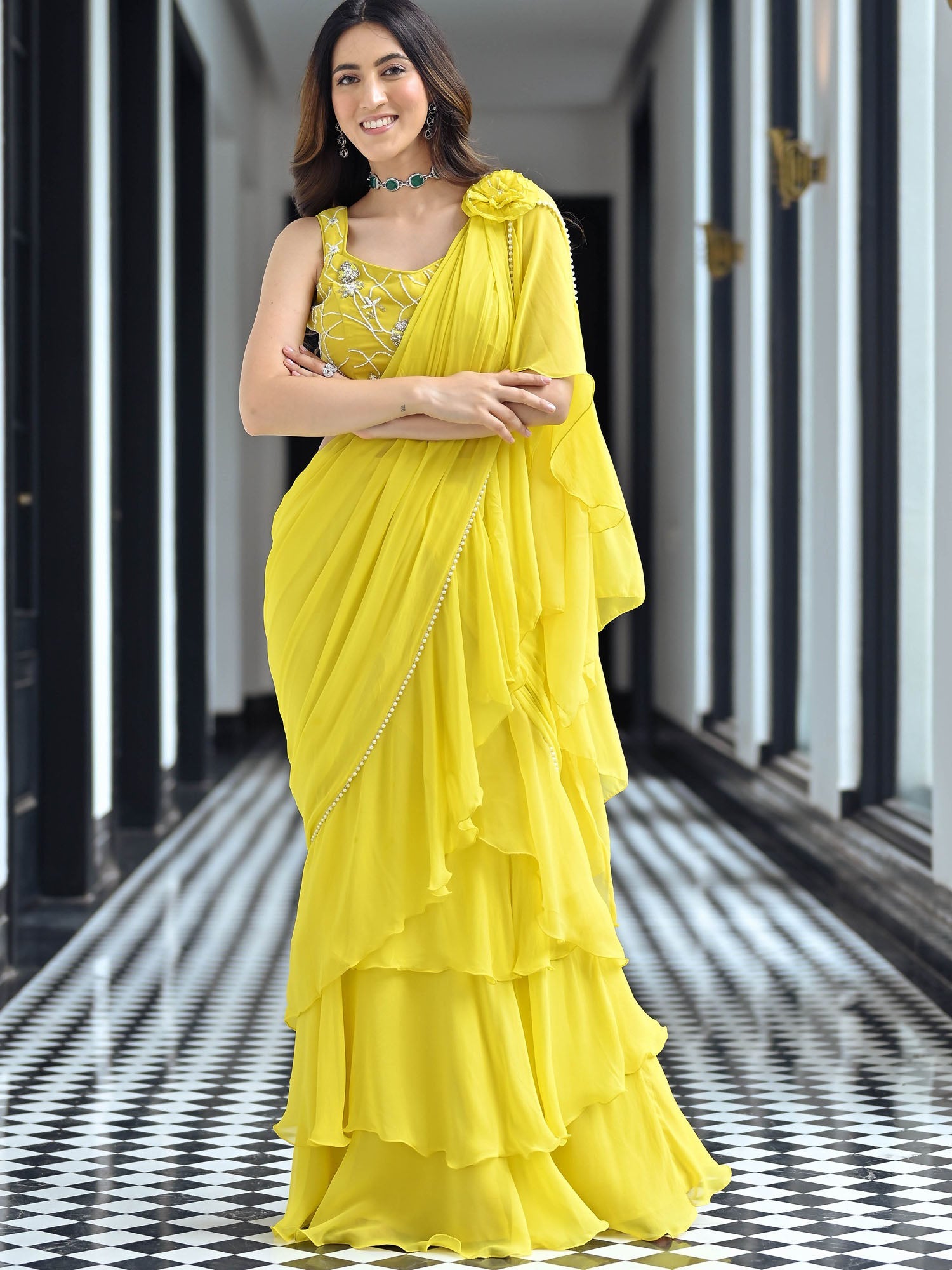 Noor Yellow Predraped Ruffle Saree