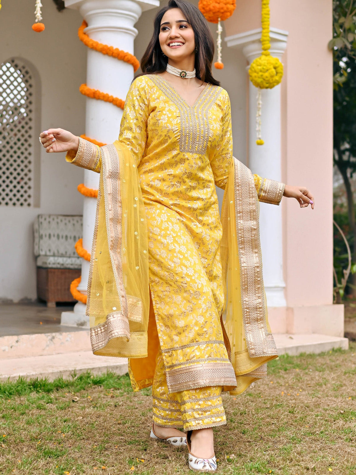 Yellow Jacquard Kurta Set