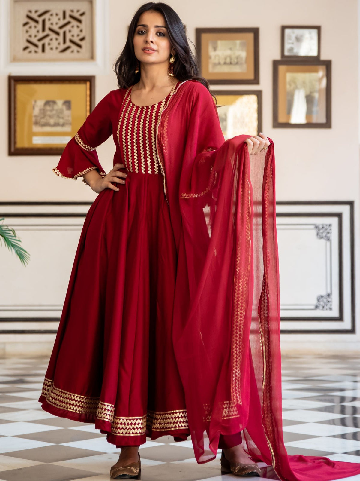 Maroon Silk Anarkali Dupatta Set