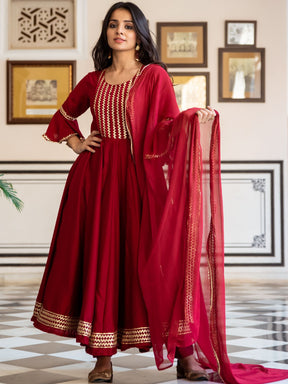 Maroon Silk Anarkali Dupatta Set