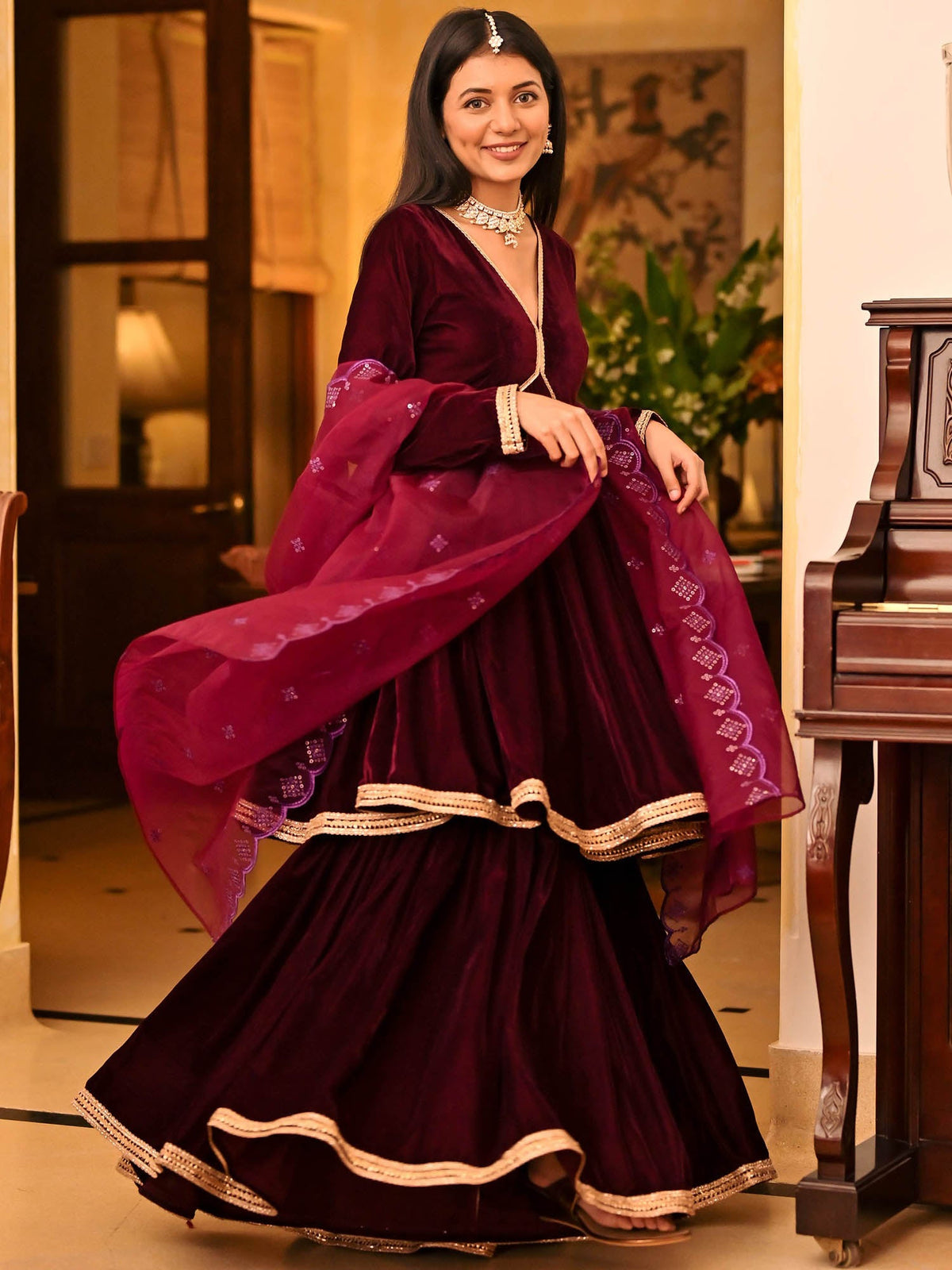 Magenta Velvet Sharara Set