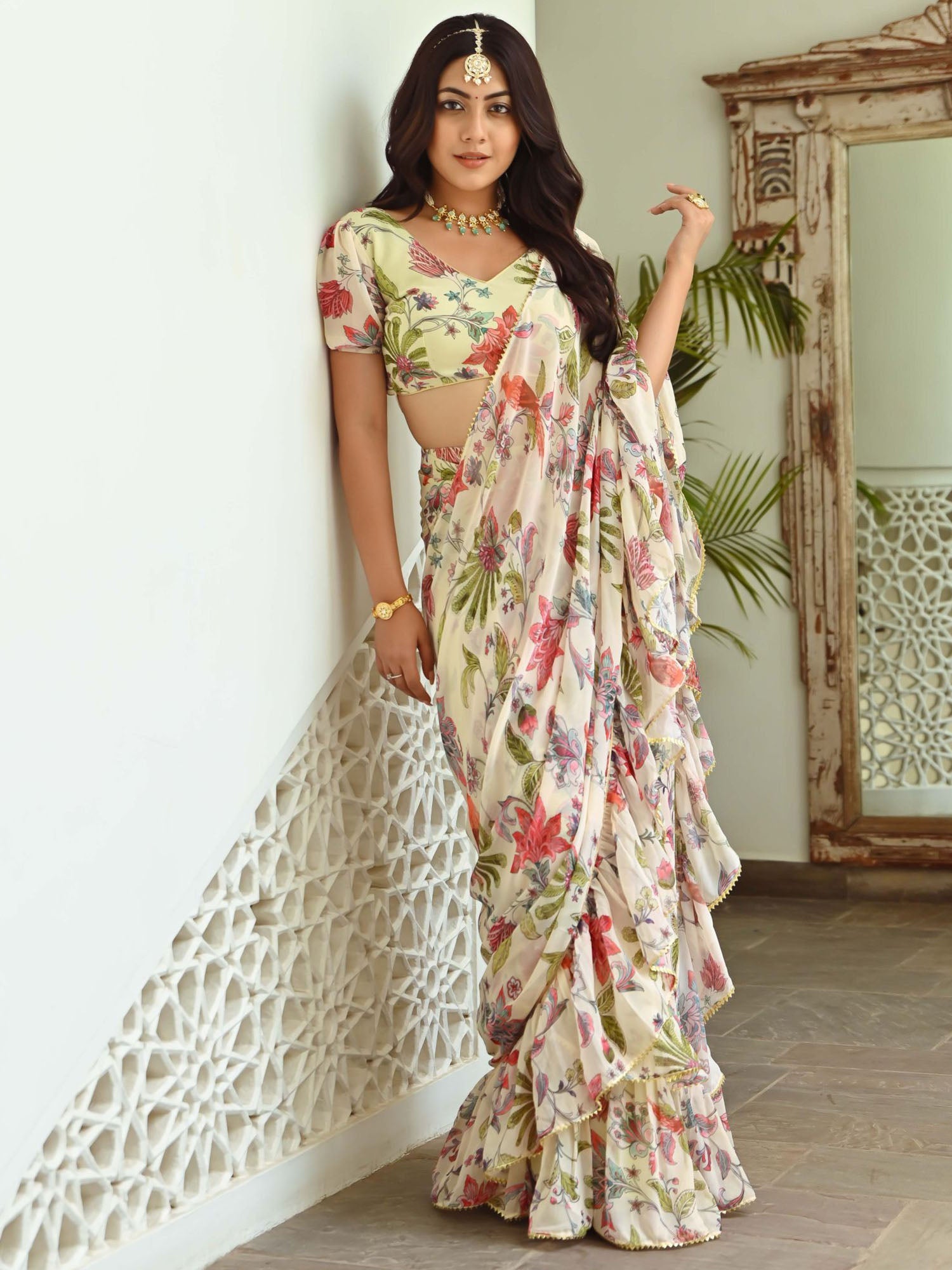 Light green Printed Ruffle Saree