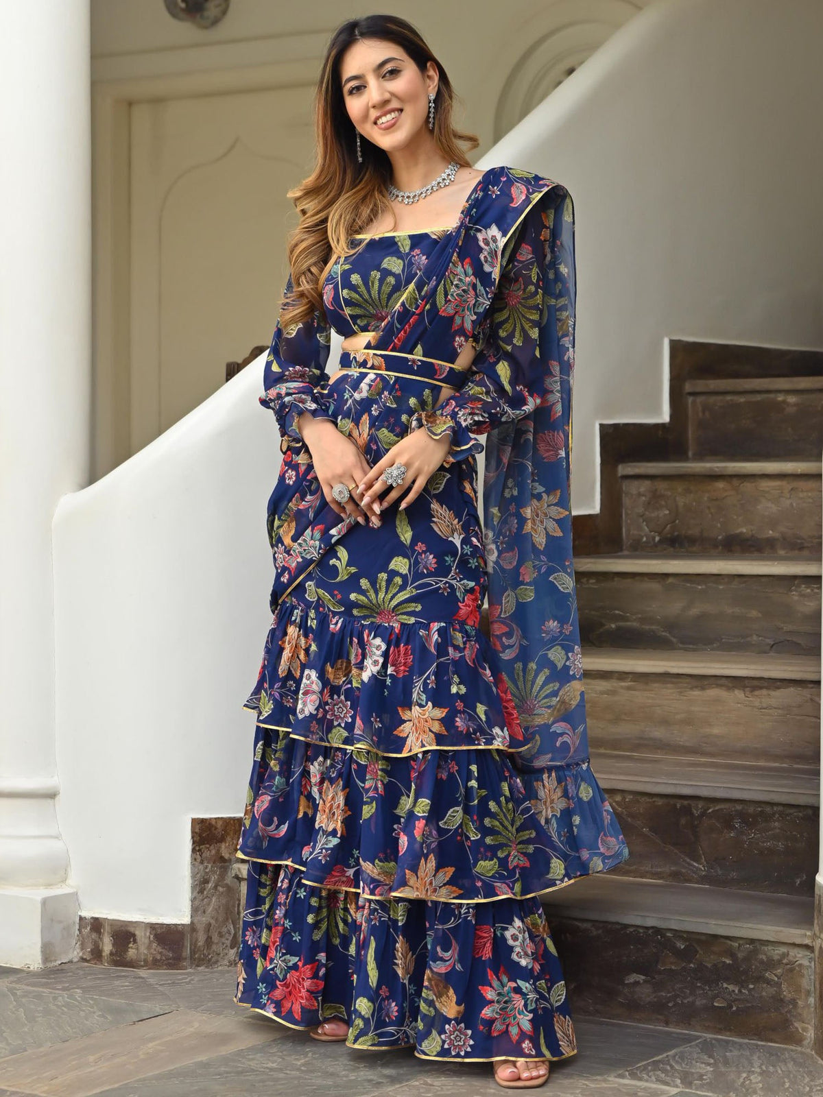 Navy Blue Printed Ruffle saree