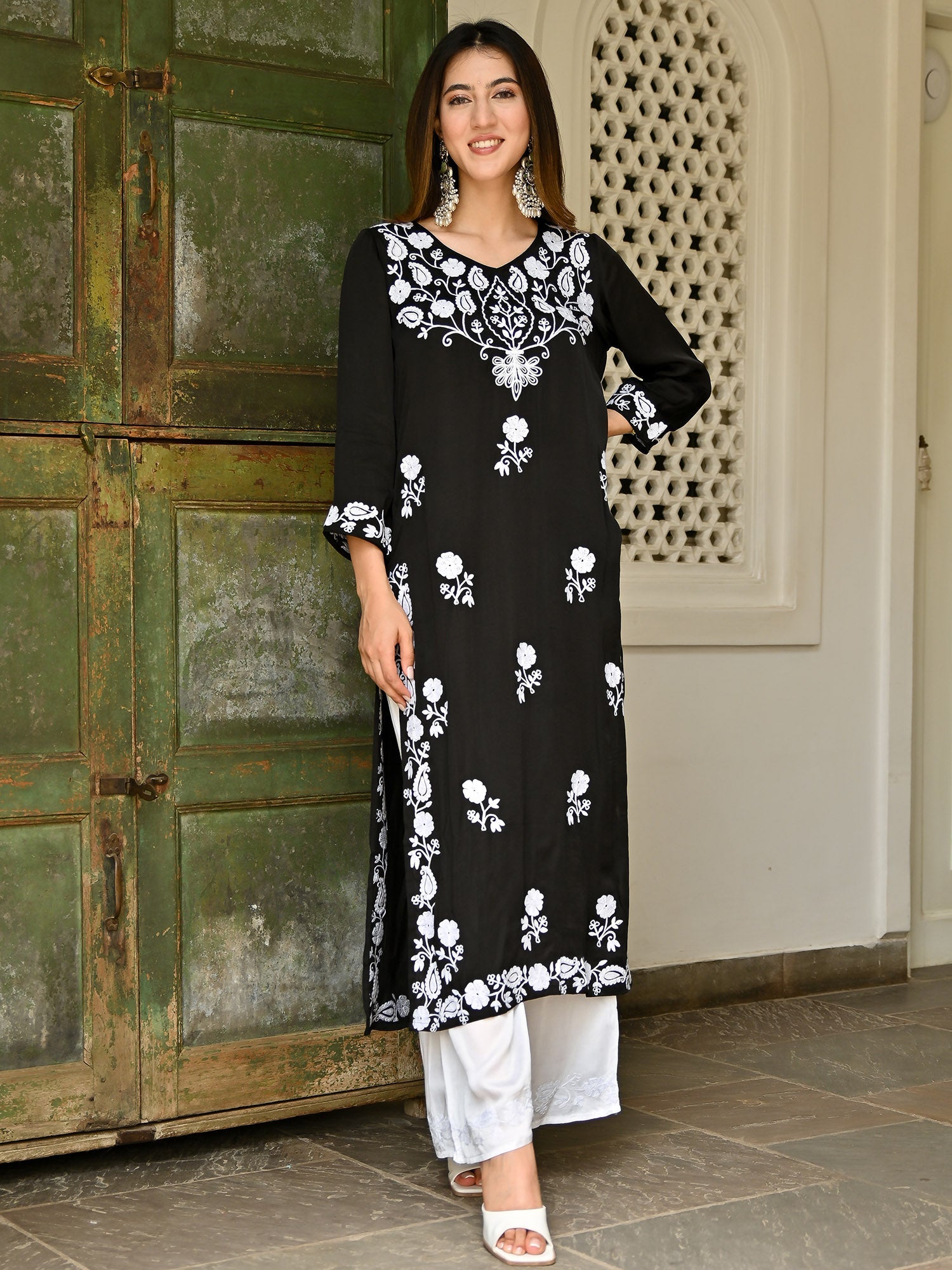 Black Modal Embroidery Kurta Set