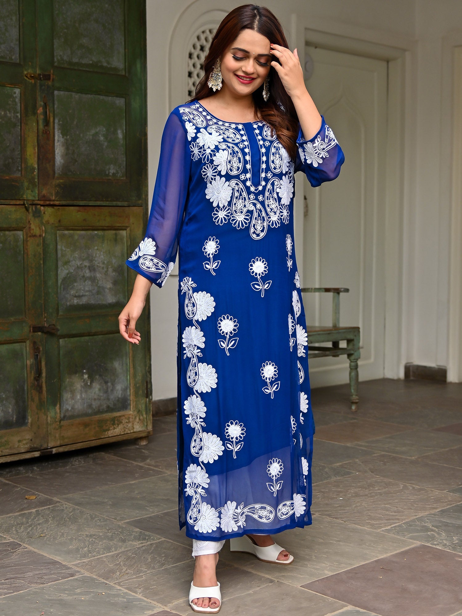 Blue Georgette Embroidery Kurta Set