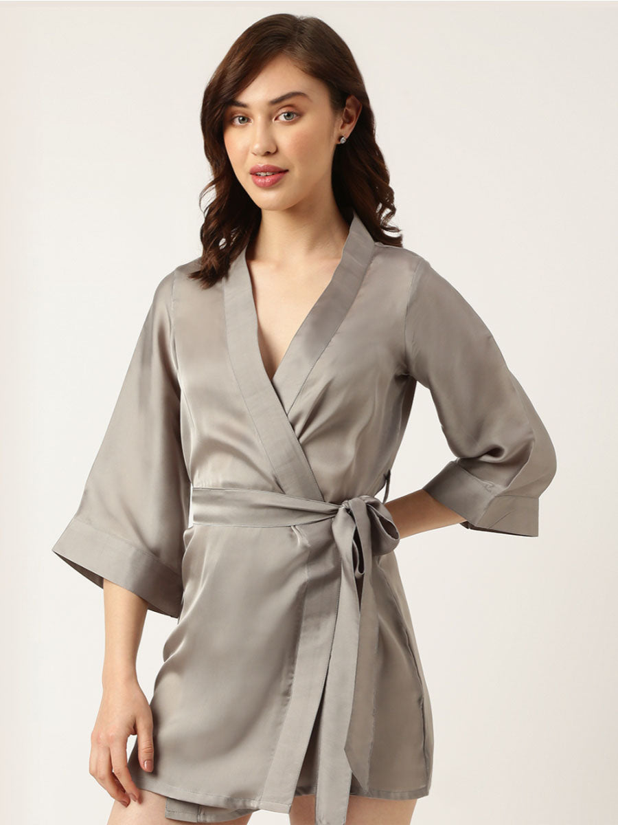 Bride Embroidered Grey Silk Robe