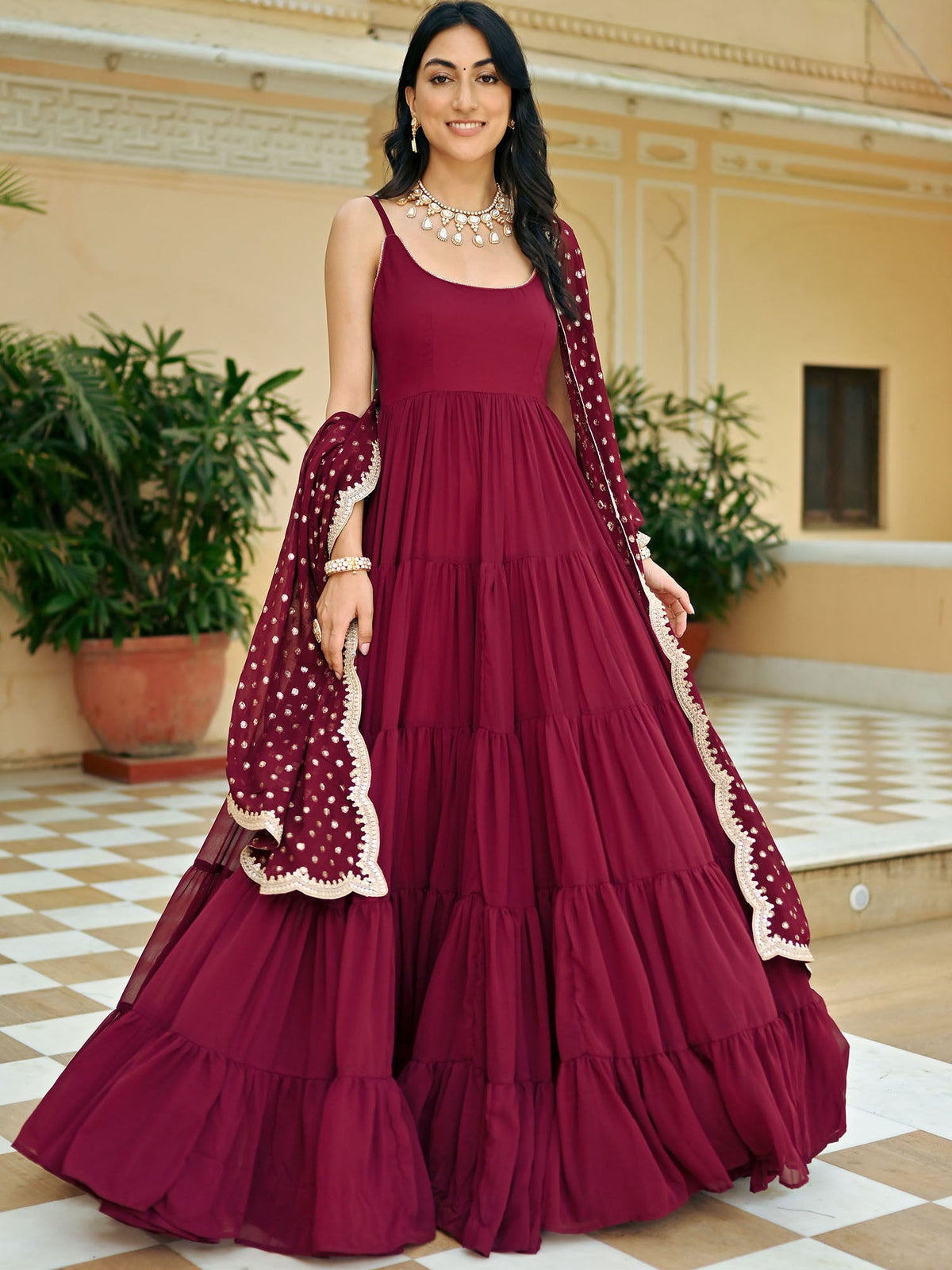 Maroon Solid Anarkali Set