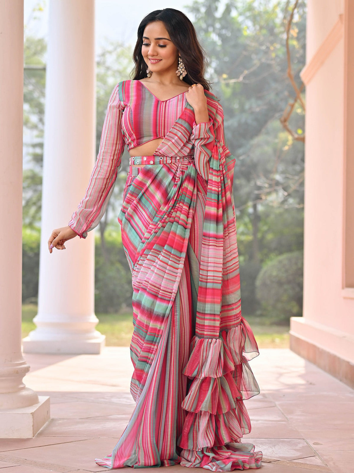 Green Stripes Pre Draped Saree