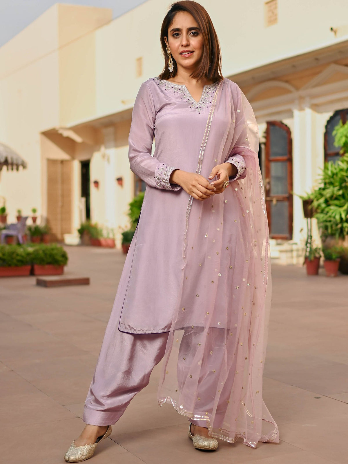 MAUVE SILK KURTA AND SEMI PATIALA SET