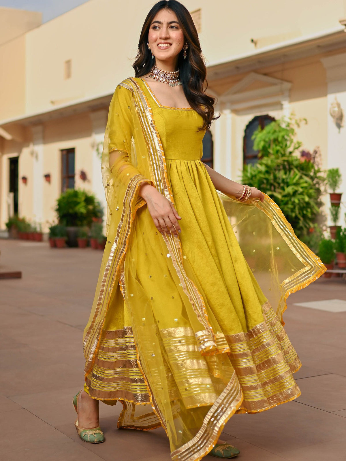 Lemon Green Silk Anarkali set