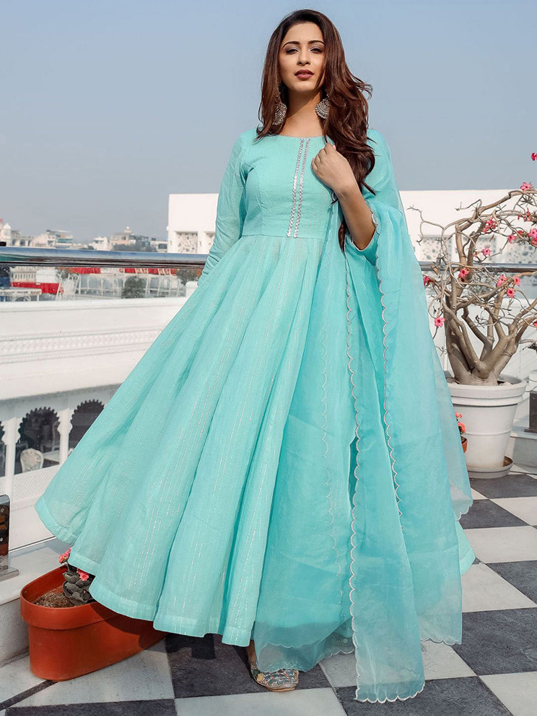 Blue Lurex Cotton Anarkali Set