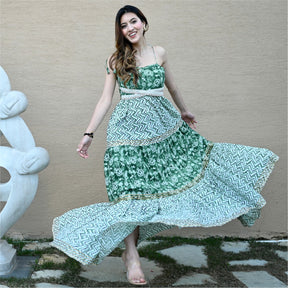 Green Block Printed Tiered Dress