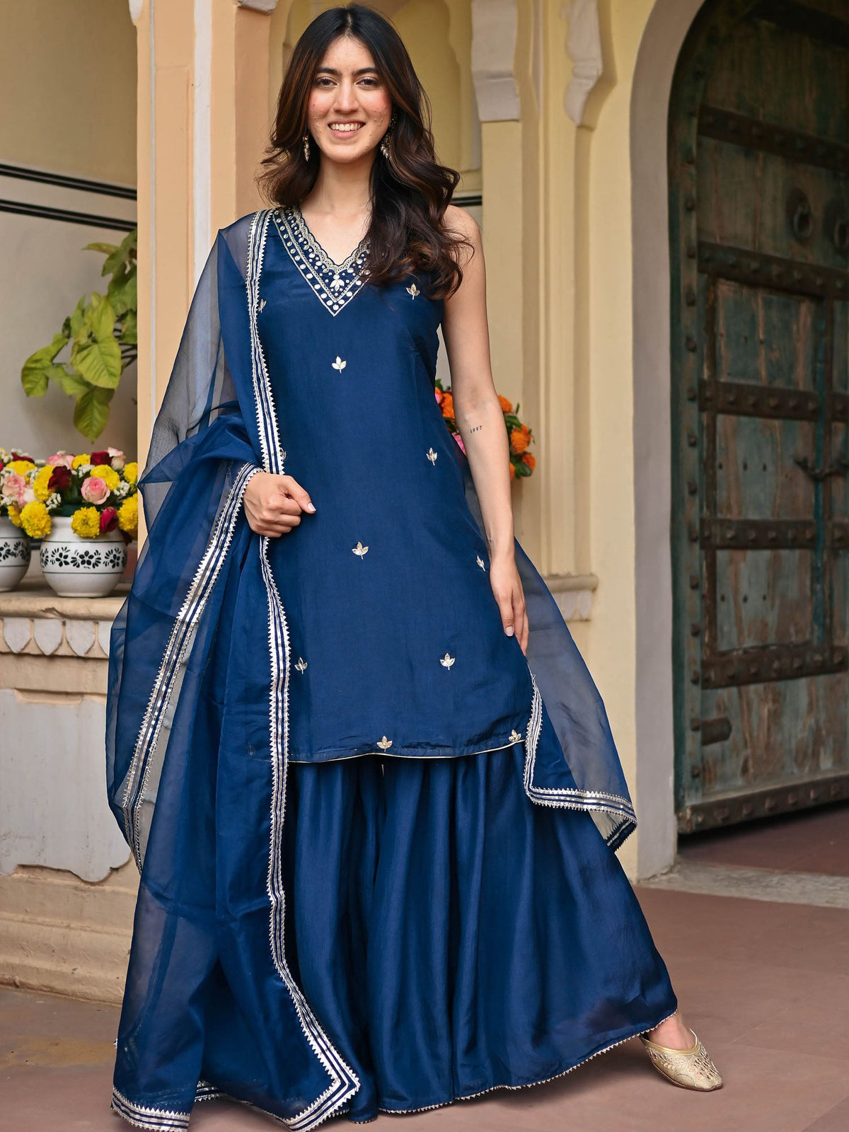 NAVY BLUE SILK KURTA AND SHARARA SET