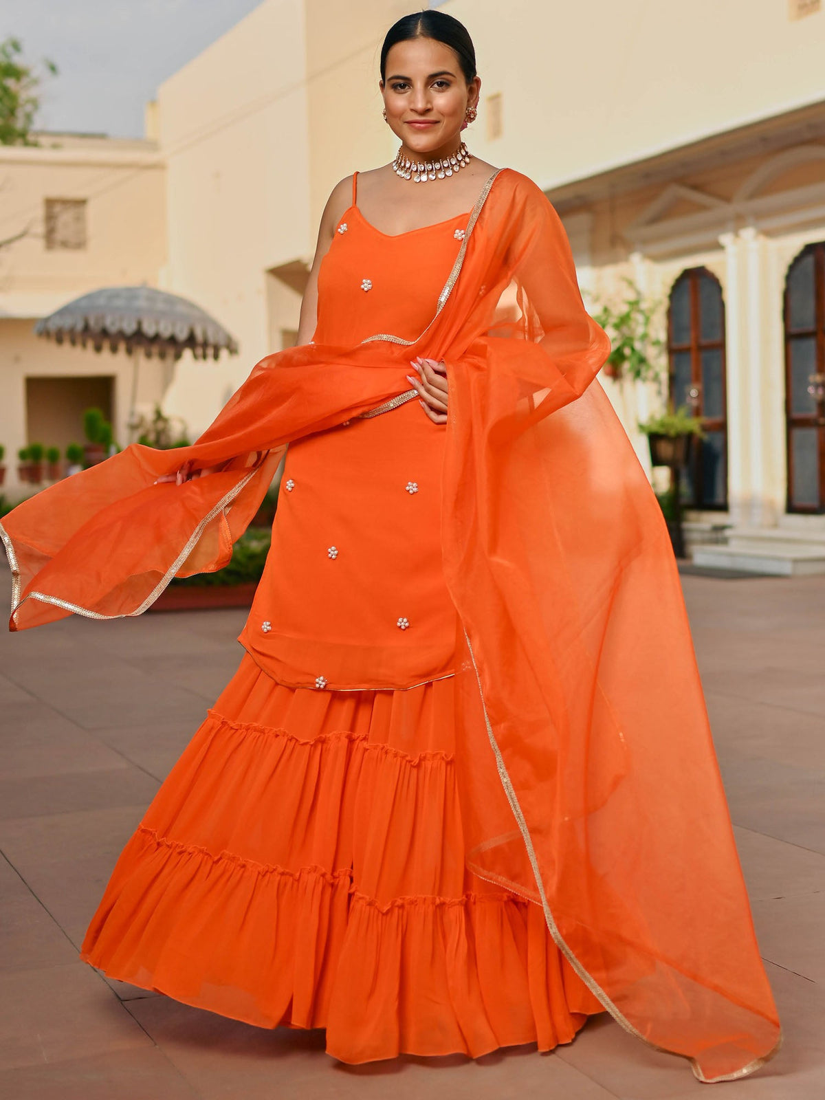 ORANGE GEORGETTE KURTA AND SHARARA SET