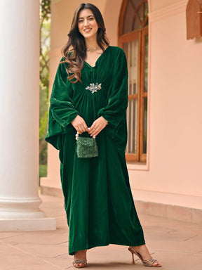 Bottle Green Velvet Kaftan Set