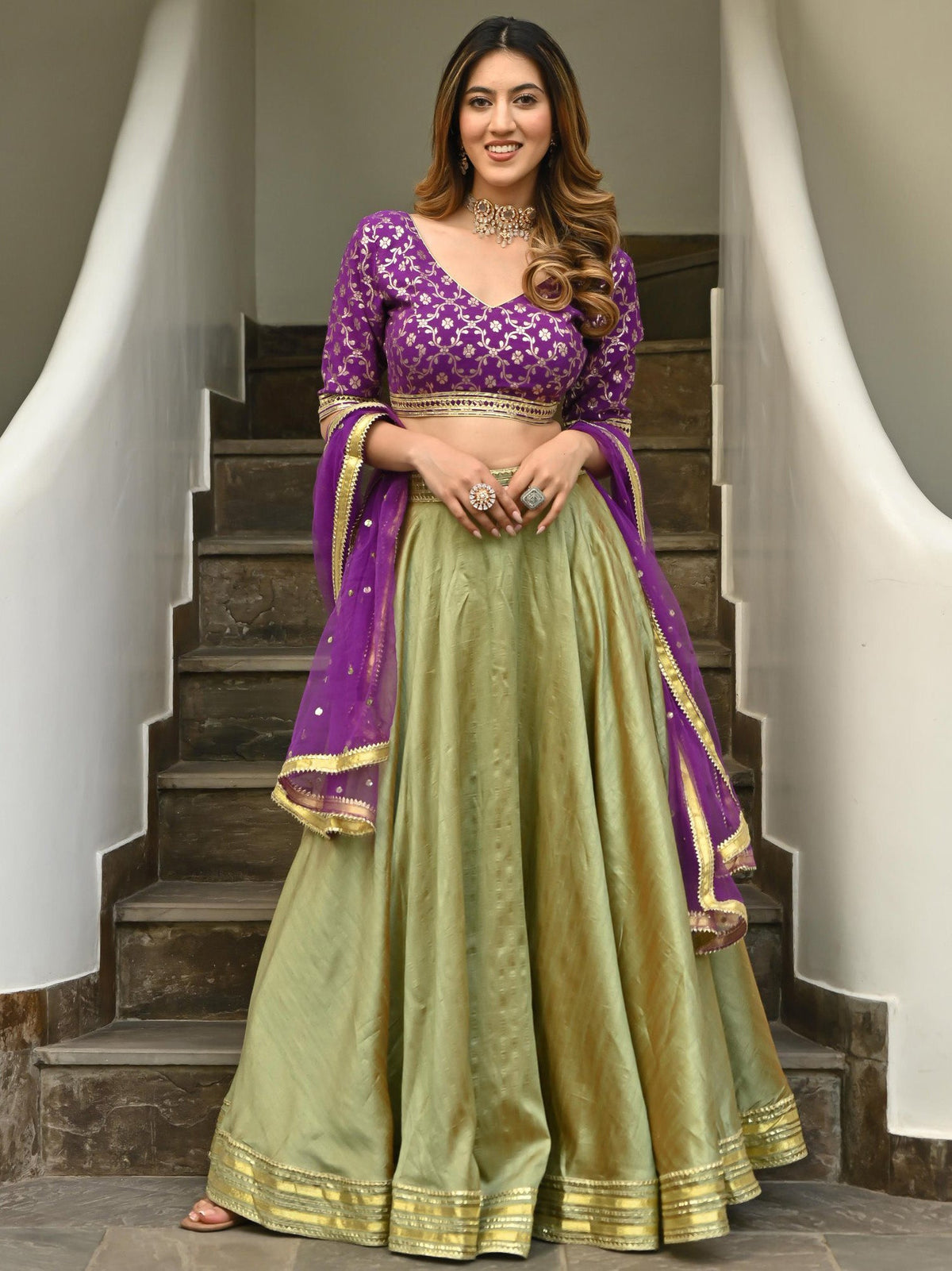 Green & Purple Brocade Lehenga