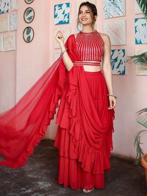 Red Saree With Stitched Blouse