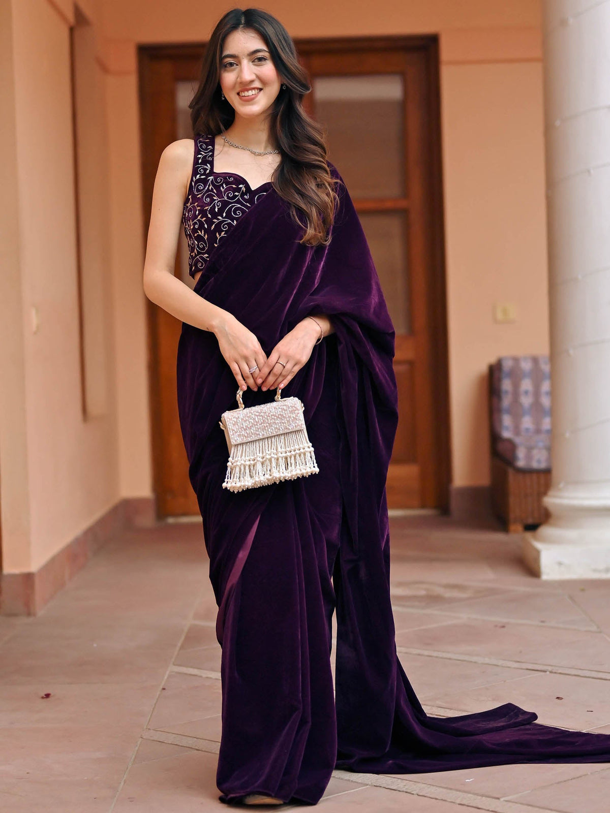 Wine Velvet Saree