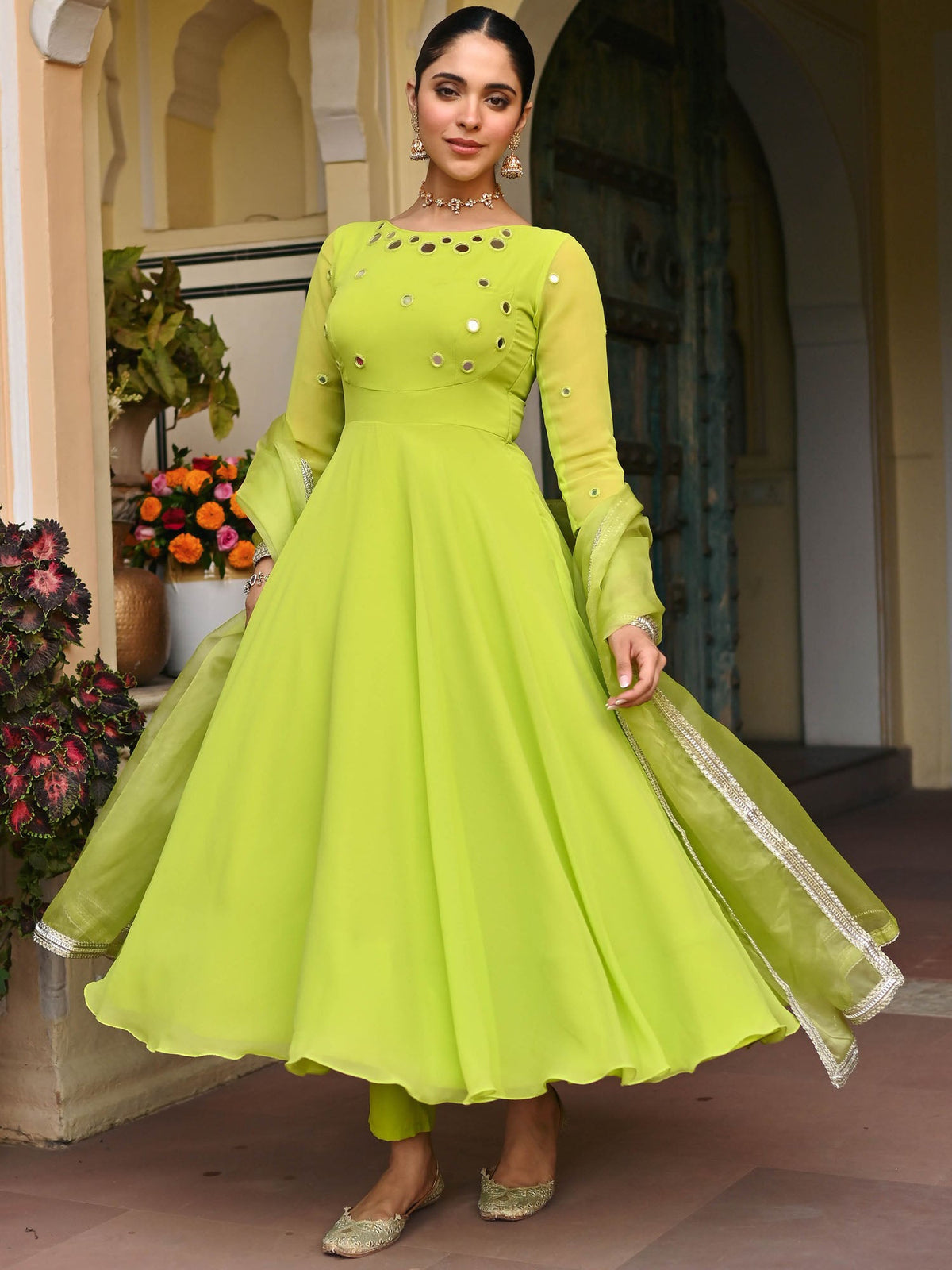 Parrot Green Mirror Anarkali Set