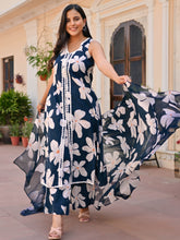 Navy Blue Printed Anarkali Set