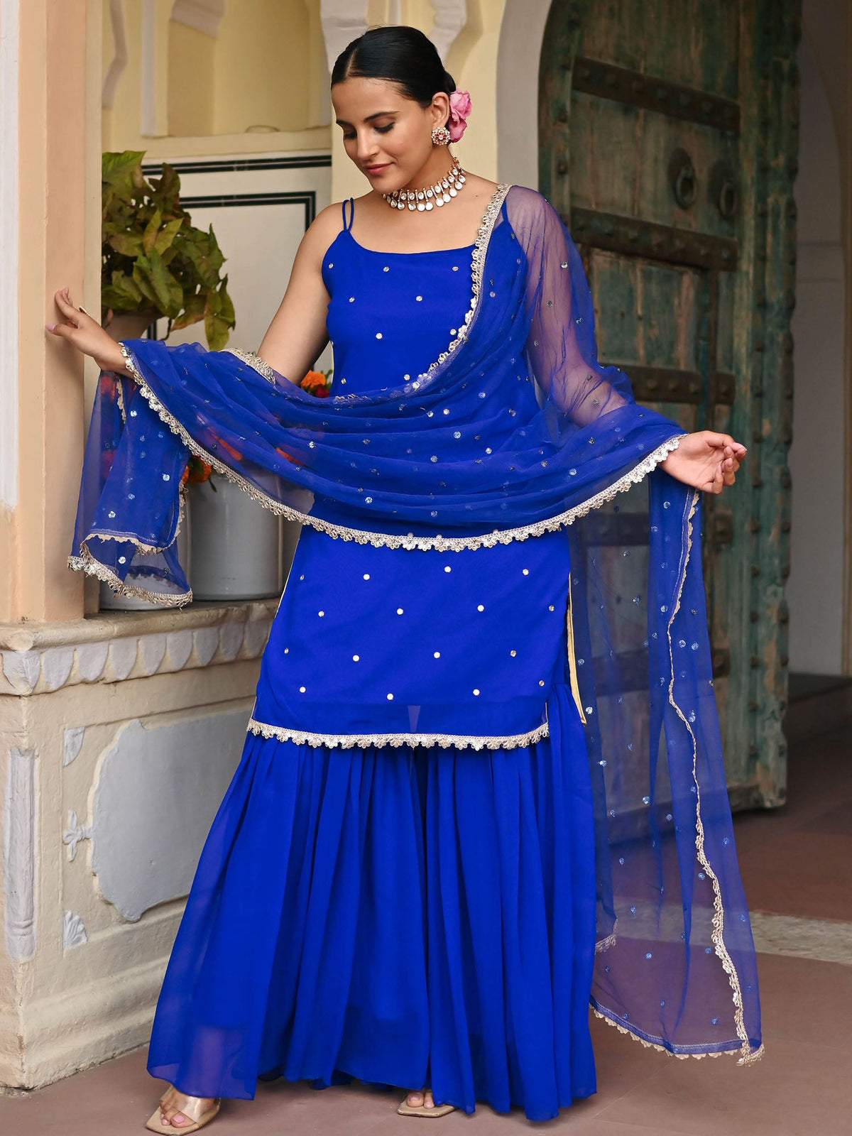 DARK BLUE GEORGETTE KURTA AND SHARARA SET