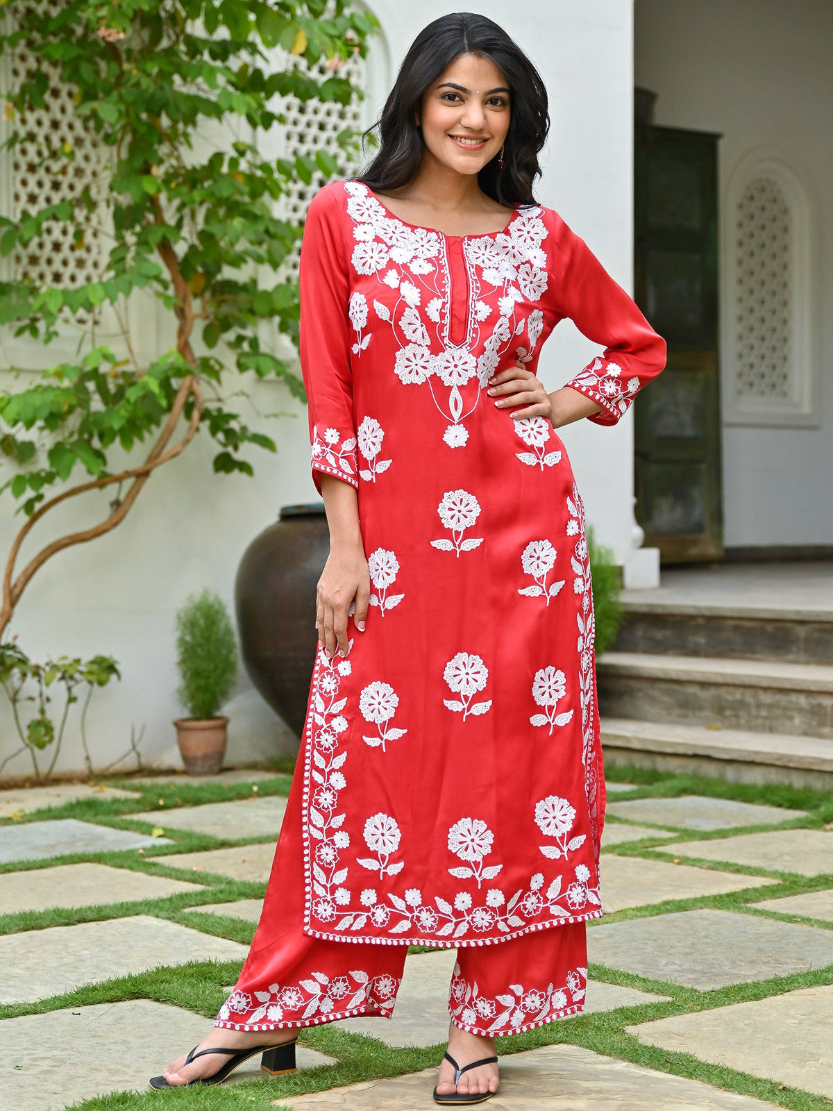 Red Modal Embroidered Kurta Set