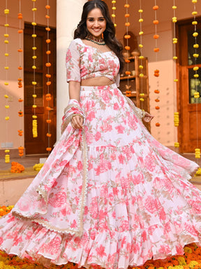 White Printed Lehenga Set