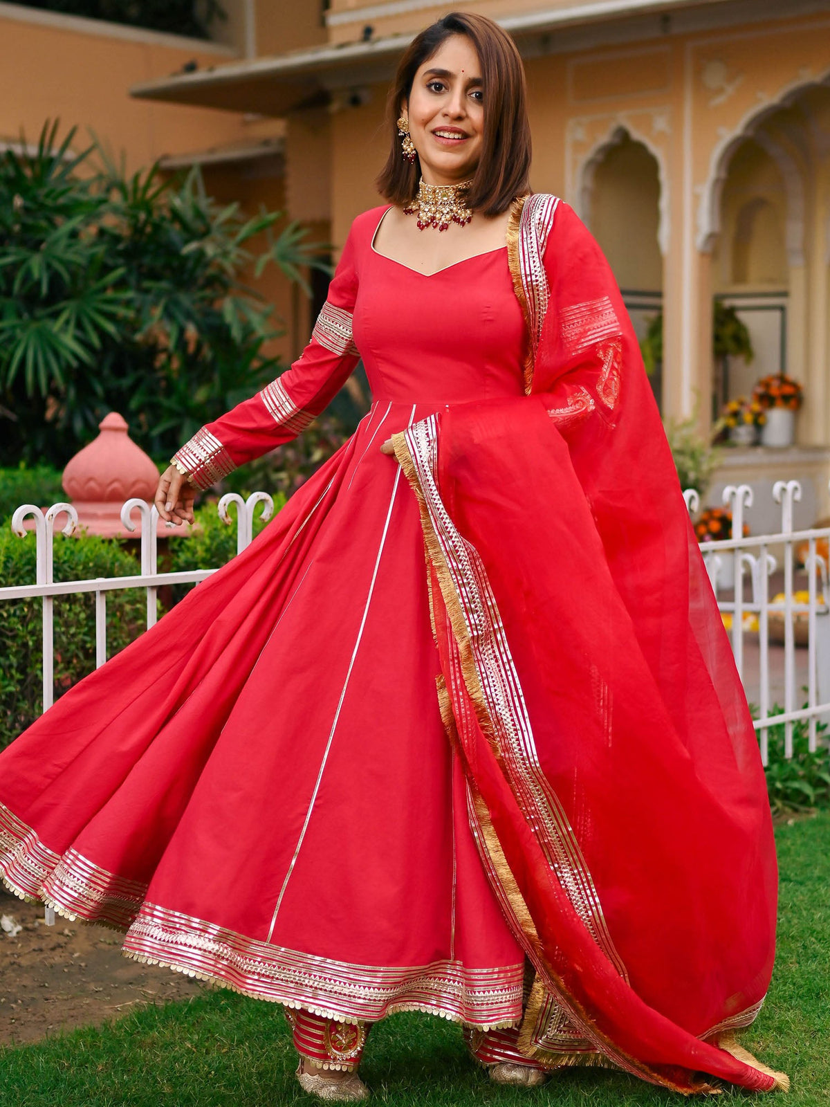 Red Paisley Gota Anarkali Set