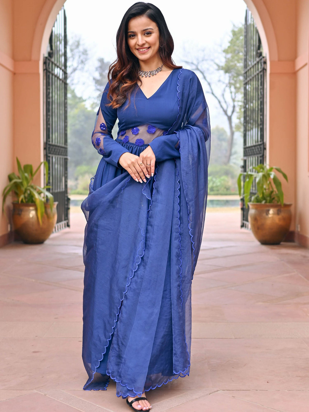 Blue Embroidered Silk Anarkali Set