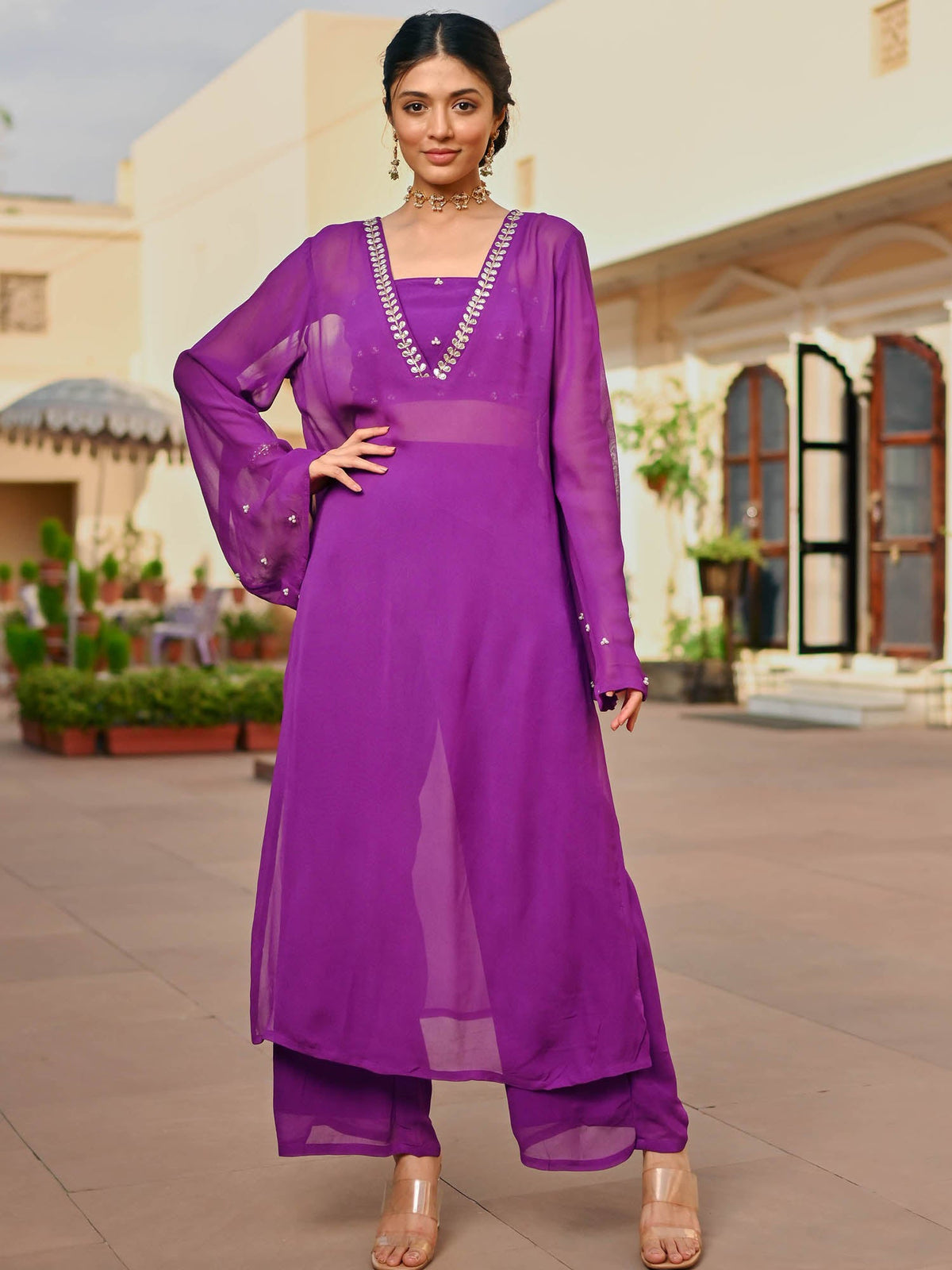 PURPLE GEORGETTE KAFTAN AND PALAZZO SET