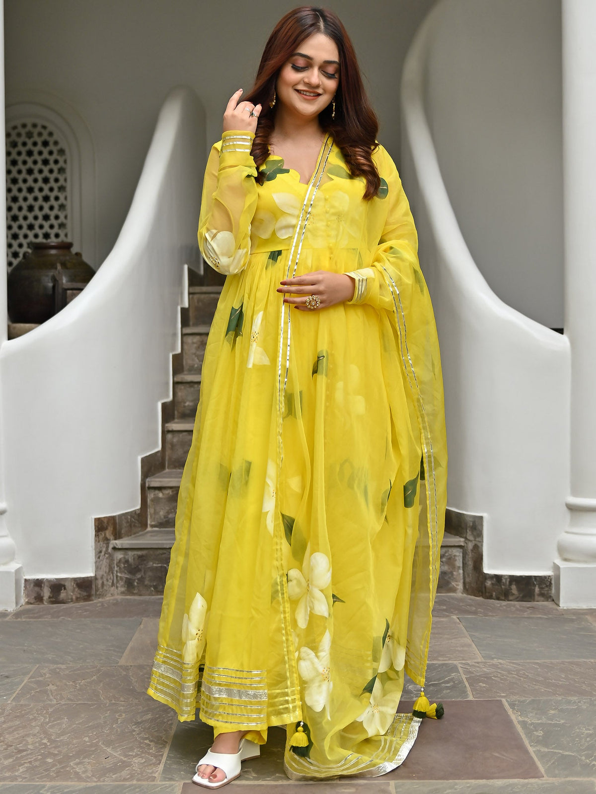 Yellow Handbrush Organza Anarkali Set