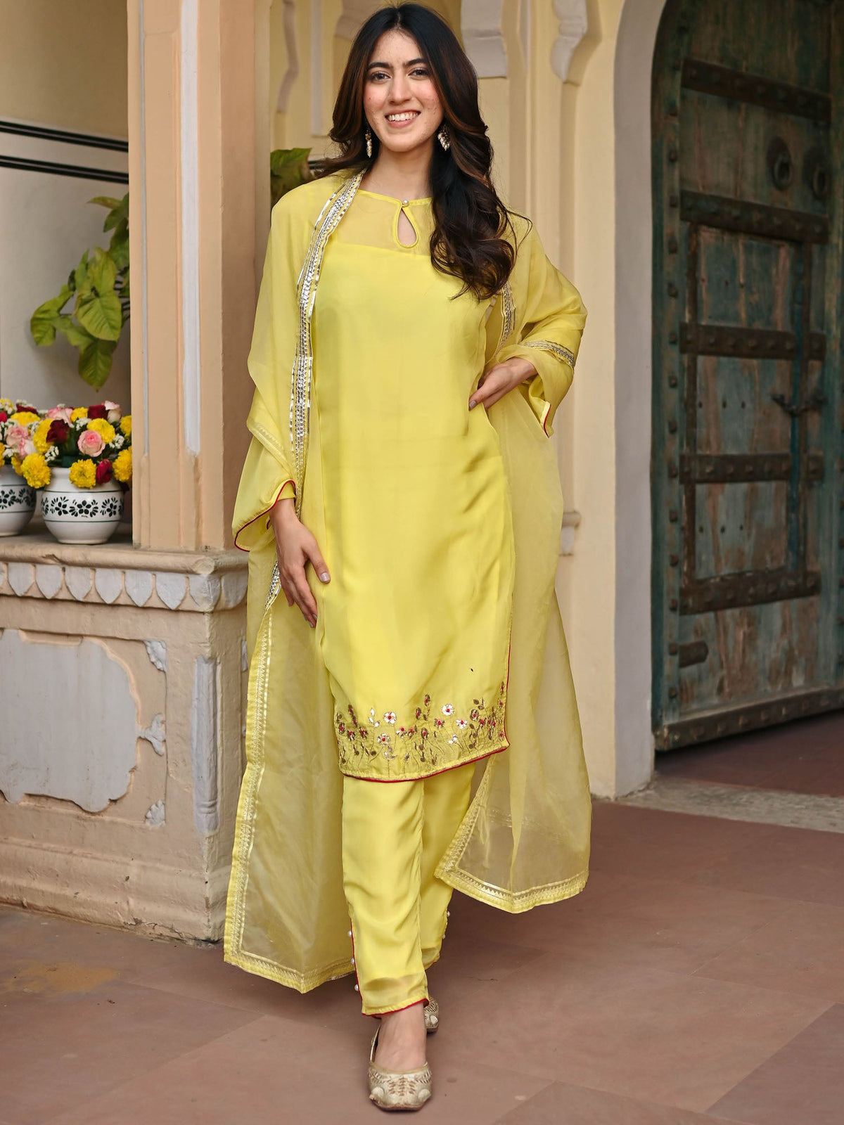 LEMON YELLOW SILK  KURTA AND PANT SET