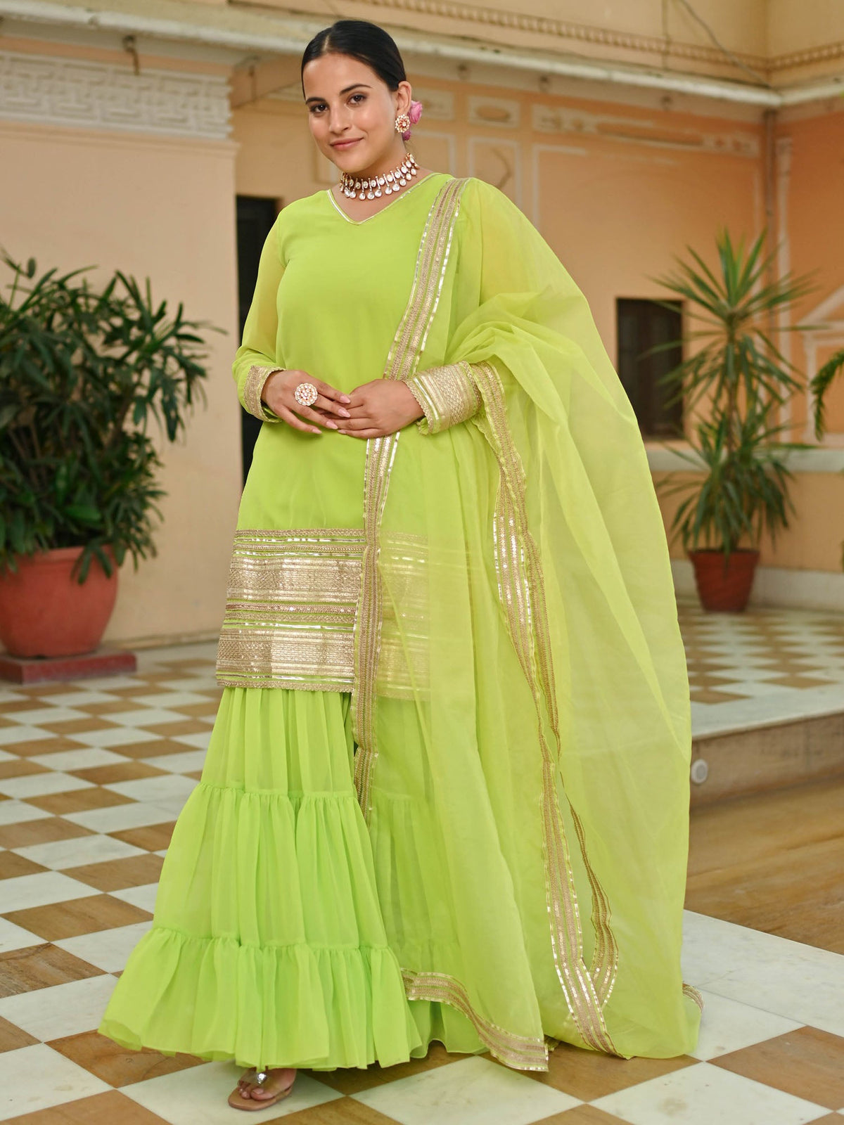 GREEN GEORGETTE KURTA AND SHARARA SET