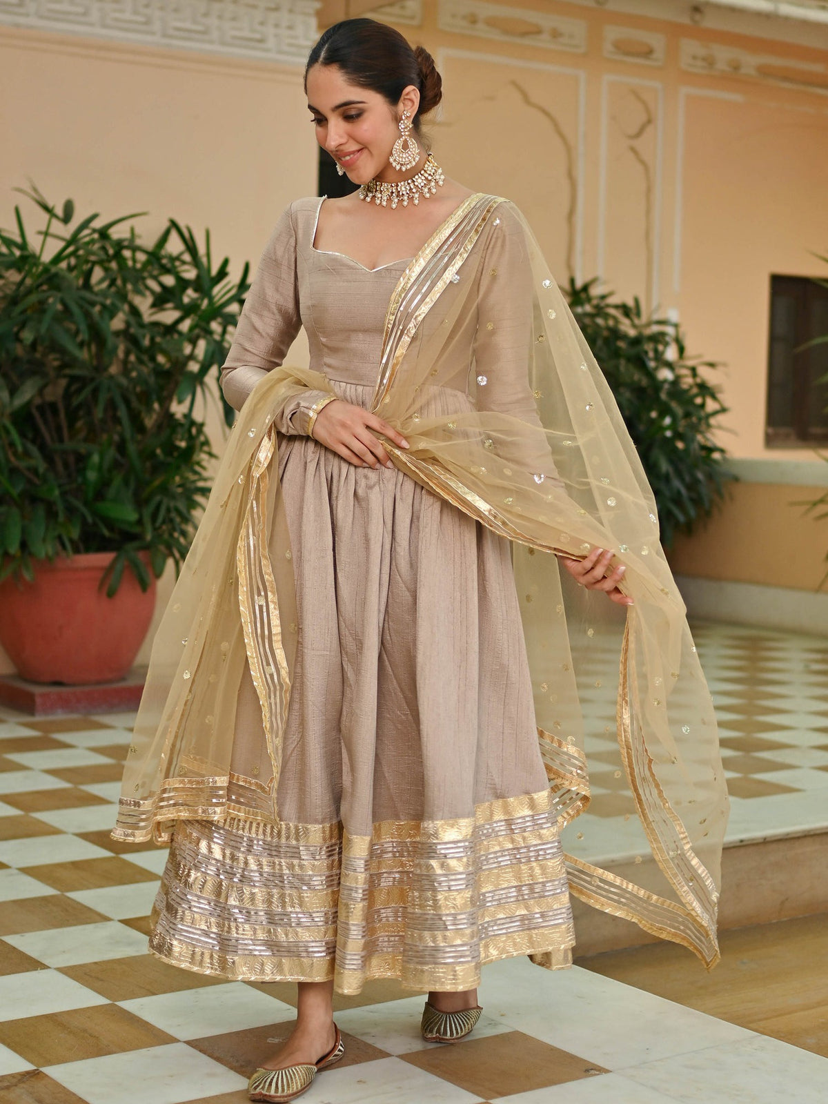 Beige Gold Silk Anarkali set