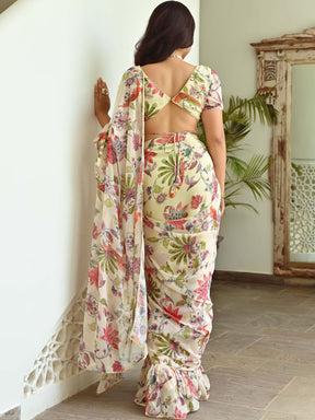 Light green Printed Ruffle Saree