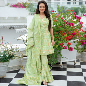 Green Cotton Printed Peplum and Sharara Set