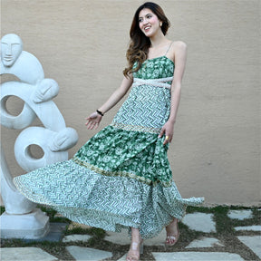 Green Block Printed Tiered Dress