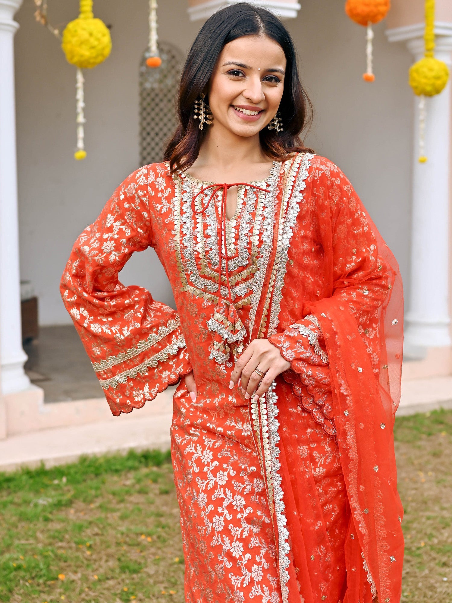 Red Jacquard Kurta Set